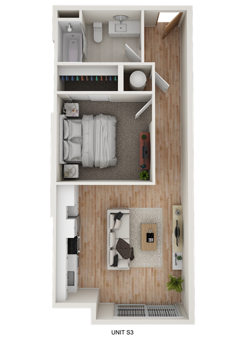 A top-down view of a small, neatly organized apartment with a bedroom, bathroom, and kitchenette.